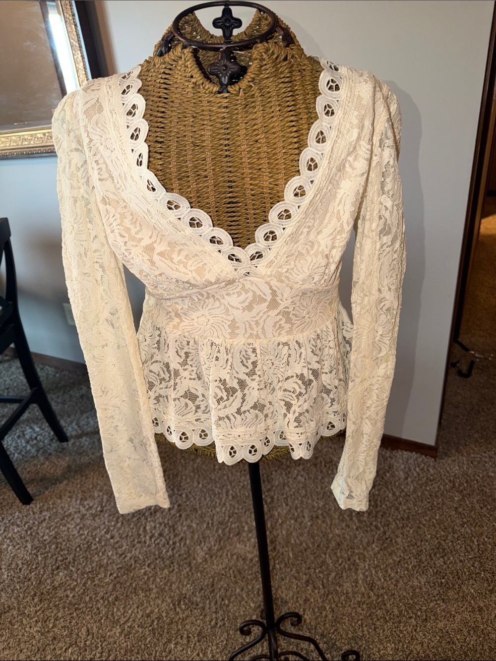 Ivory Lace V-Neck Peplum Blouse
